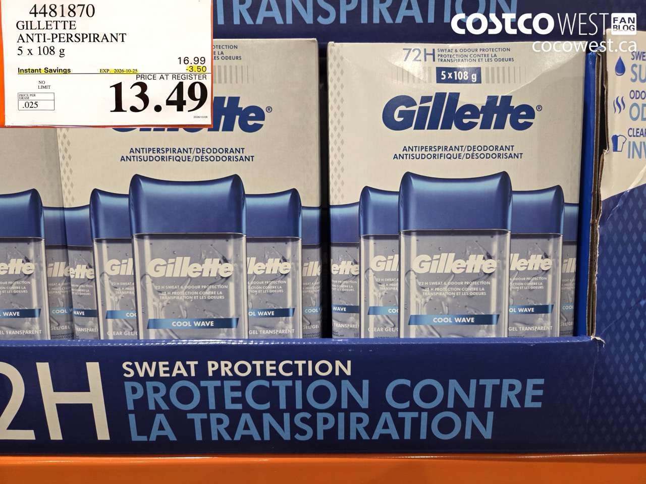 4481870 GILLETTE ANTI-PERSPIRANT 5 X 108 G ($3.50 INSTANT SAVINGS EXPIRES ON 2026-10-25) $13.49