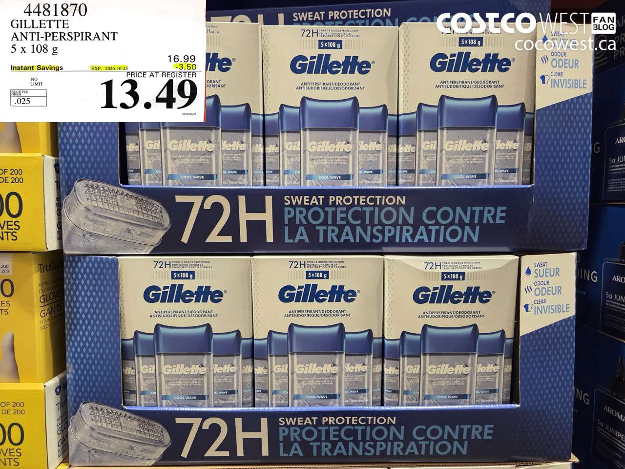 4481870 GILLETTE ANTI-PERSPIRANT 5 X 108 G ($3.50 INSTANT SAVINGS EXPIRES ON 2026-10-25) $13.49
