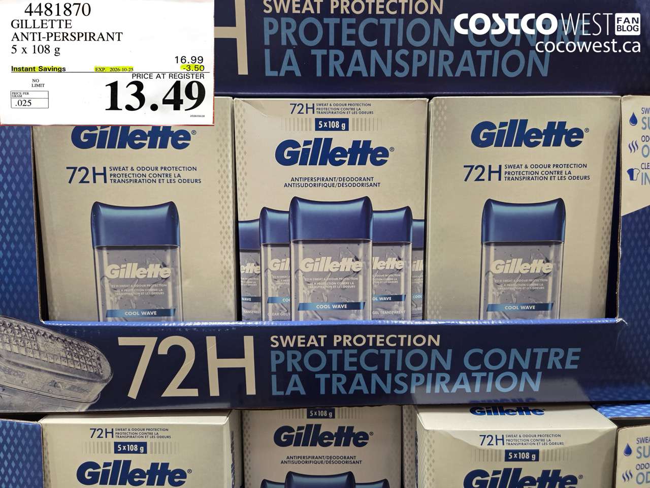 4481870 GILLETTE ANTI-PERSPIRANT 5 X 108 G ($3.50 INSTANT SAVINGS EXPIRES ON 2026-10-25) $13.49