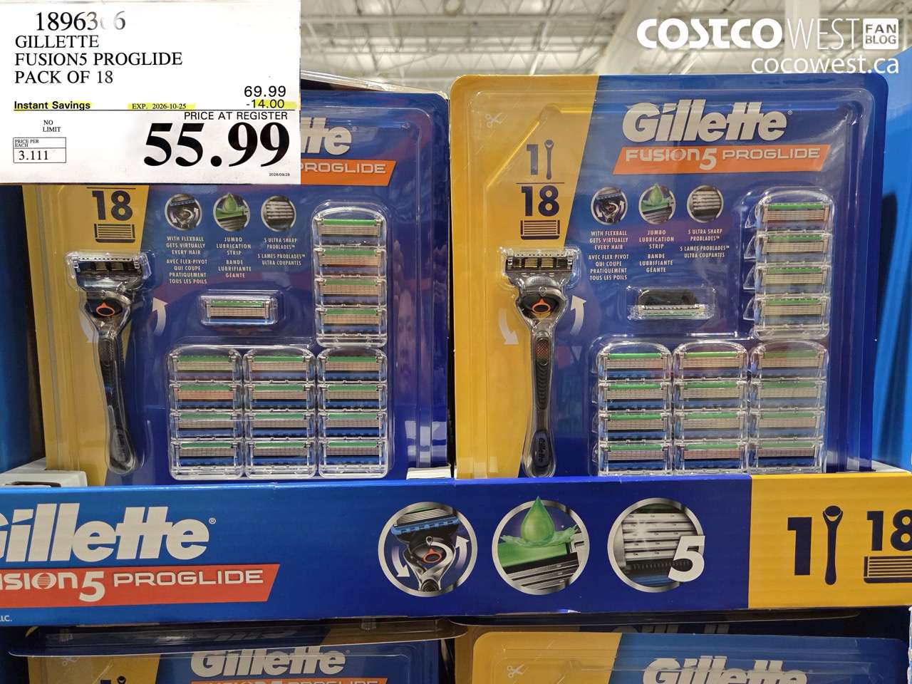 189636 GILLETTE FUSION5 PROGLIDE PACK OF 18 ($14.00 INSTANT SAVINGS EXPIRES ON 2026-10-25) $55.99