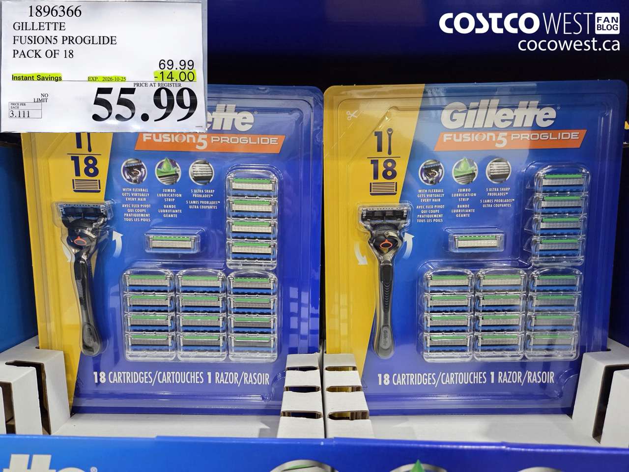 1896366 GILLETTE FUSION5 PROGLIDE PACK OF 18 ($14.00 INSTANT SAVINGS EXPIRES ON 2026-10-25) $55.99
