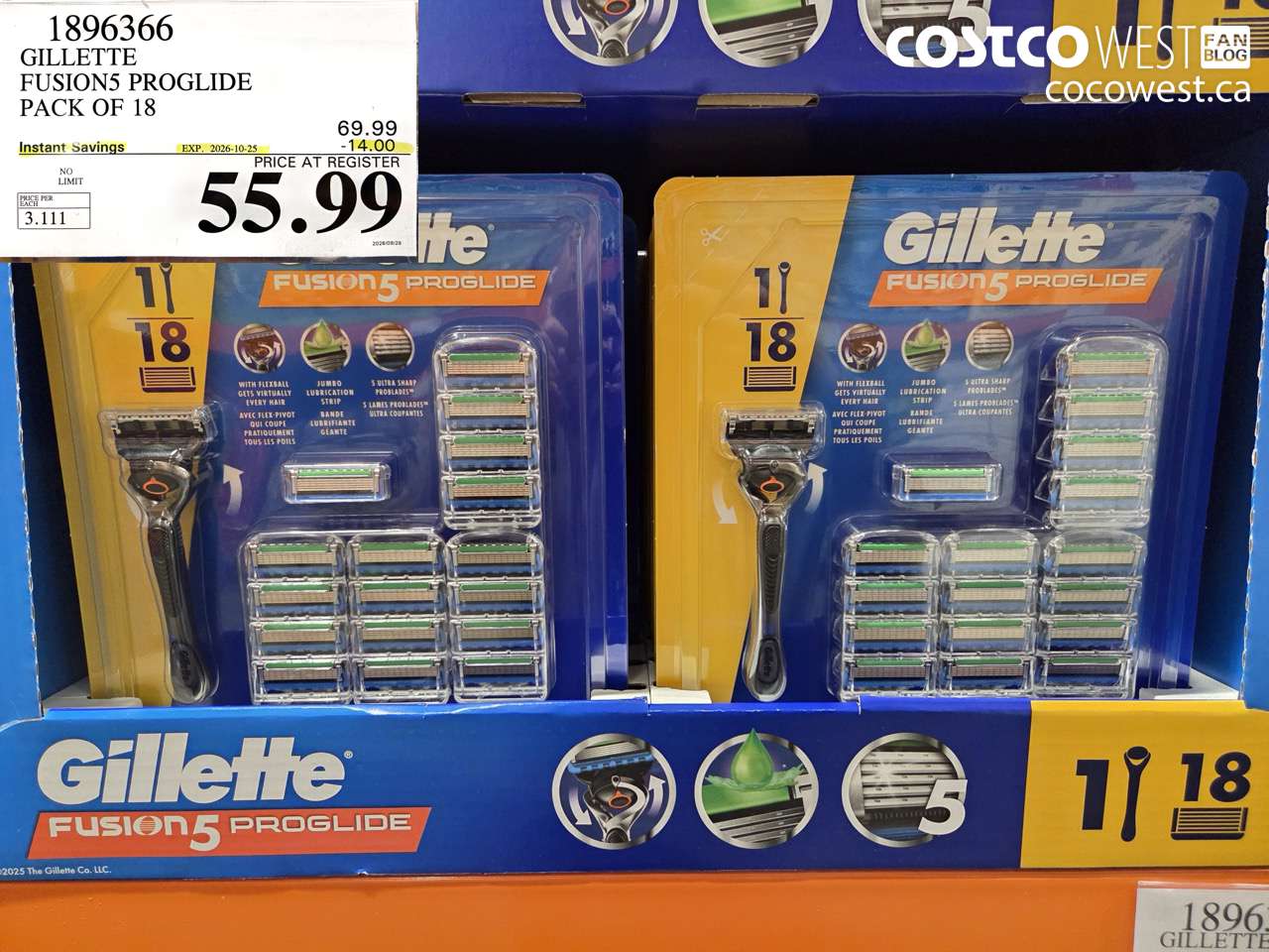 1896366 GILLETTE FUSION5 PROGLIDE PACK OF 18 ($14.00 INSTANT SAVINGS EXPIRES ON 2026-10-25) $55.99