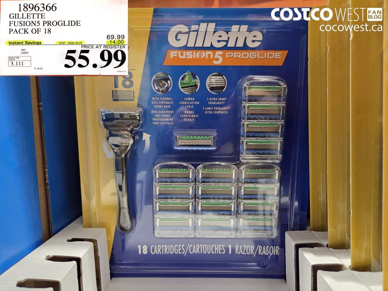 1896366 GILLETTE FUSION5 PROGLIDE PACK OF 18 ($14.00 INSTANT SAVINGS EXPIRES ON 2026-10-25) $55.99