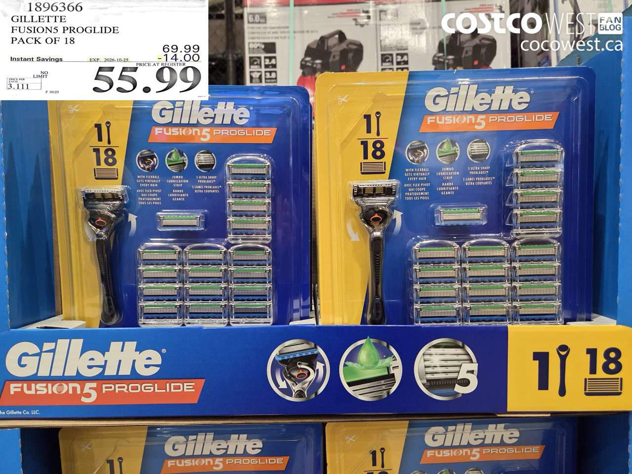 1896366 GILLETTE FUSION5 PROGLIDE PACK OF 18 ($14.00 INSTANT SAVINGS EXPIRES ON 2026-10-25) $55.99