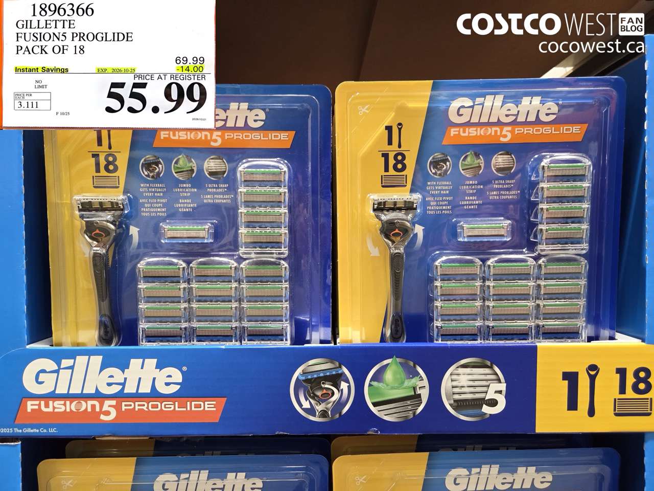 1896366 GILLETTE FUSION5 PROGLIDE PACK OF 18 ($14.00 INSTANT SAVINGS EXPIRES ON 2026-10-25) $55.99