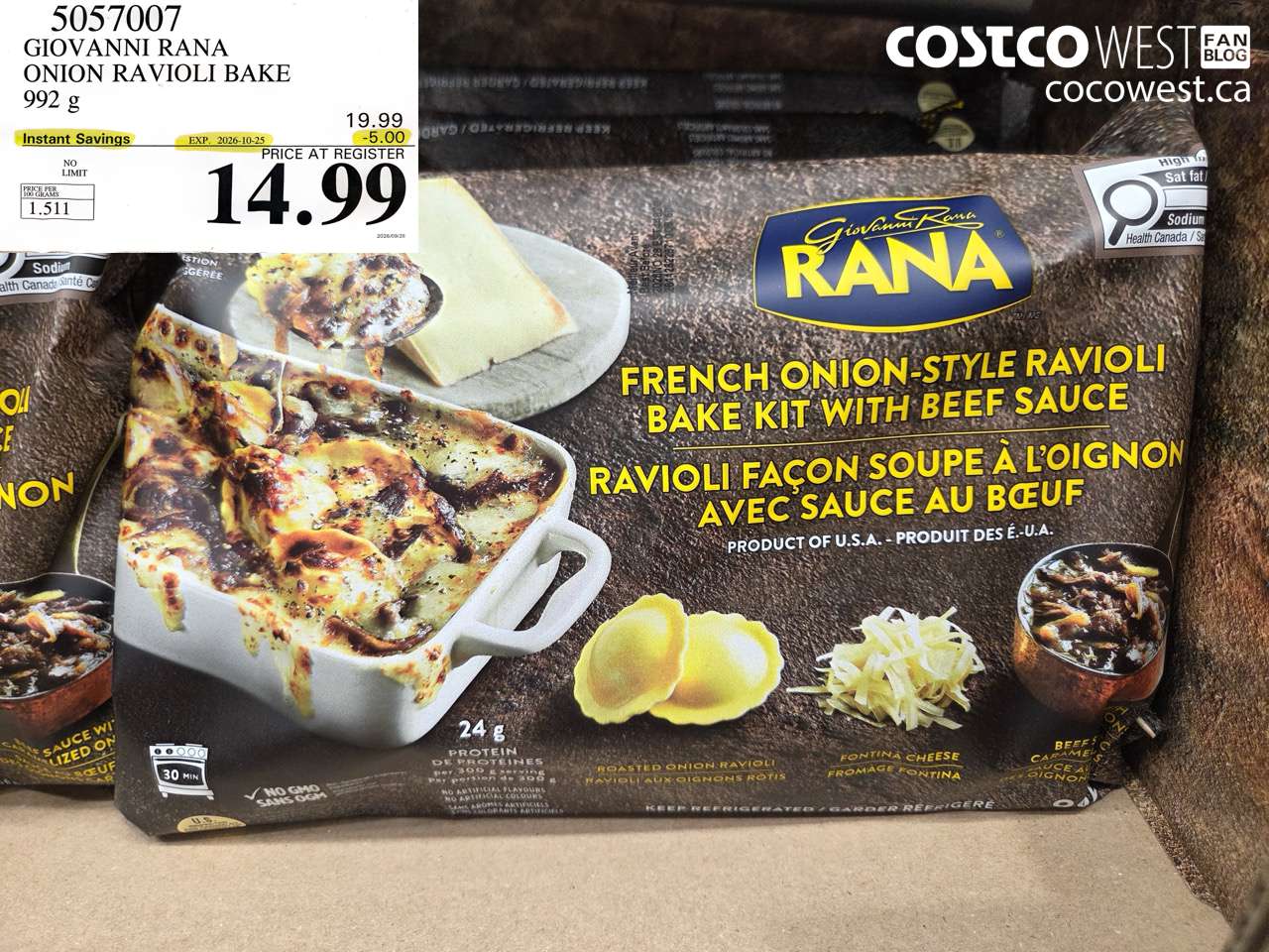 5057007 GIOVANNI RANA ONION RAVIOLI BAKE 992 G ($5.00 INSTANT SAVINGS EXPIRES ON 2026-10-25) $14.99