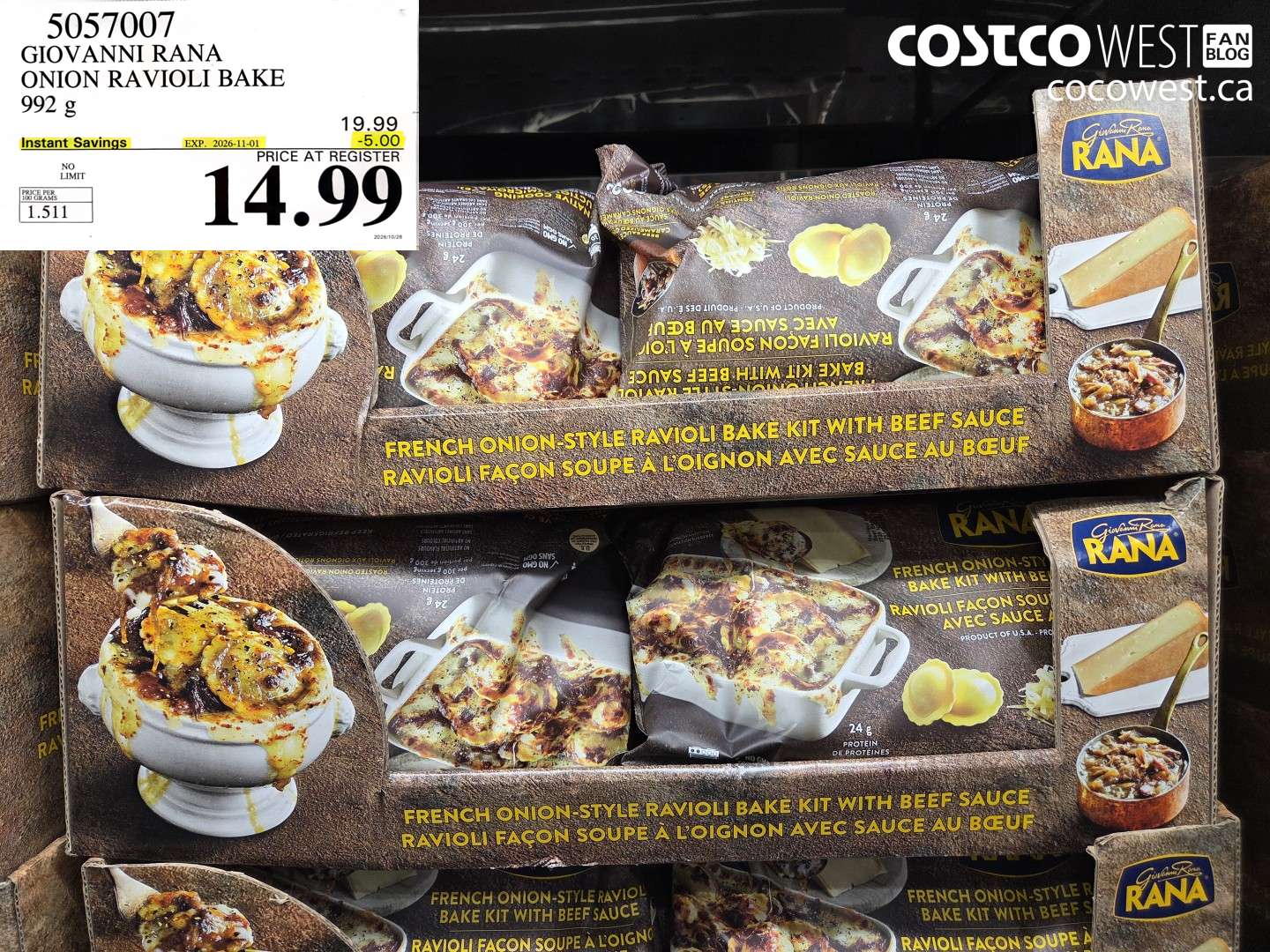 5057007 GIOVANNI RANA ONION RAVIOLI BAKE 992 G ($5.00 INSTANT SAVINGS EXPIRES ON 2026-11-01) $14.99
