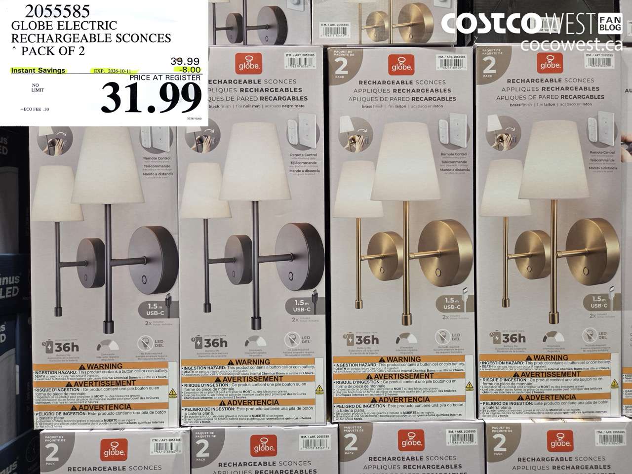 2055585 GLOBE ELECTRIC RECHARGEABLE SCONCES PACK OF 2 ($8.00 INSTANT SAVINGS EXPIRES ON 2026-10-11) $31.99