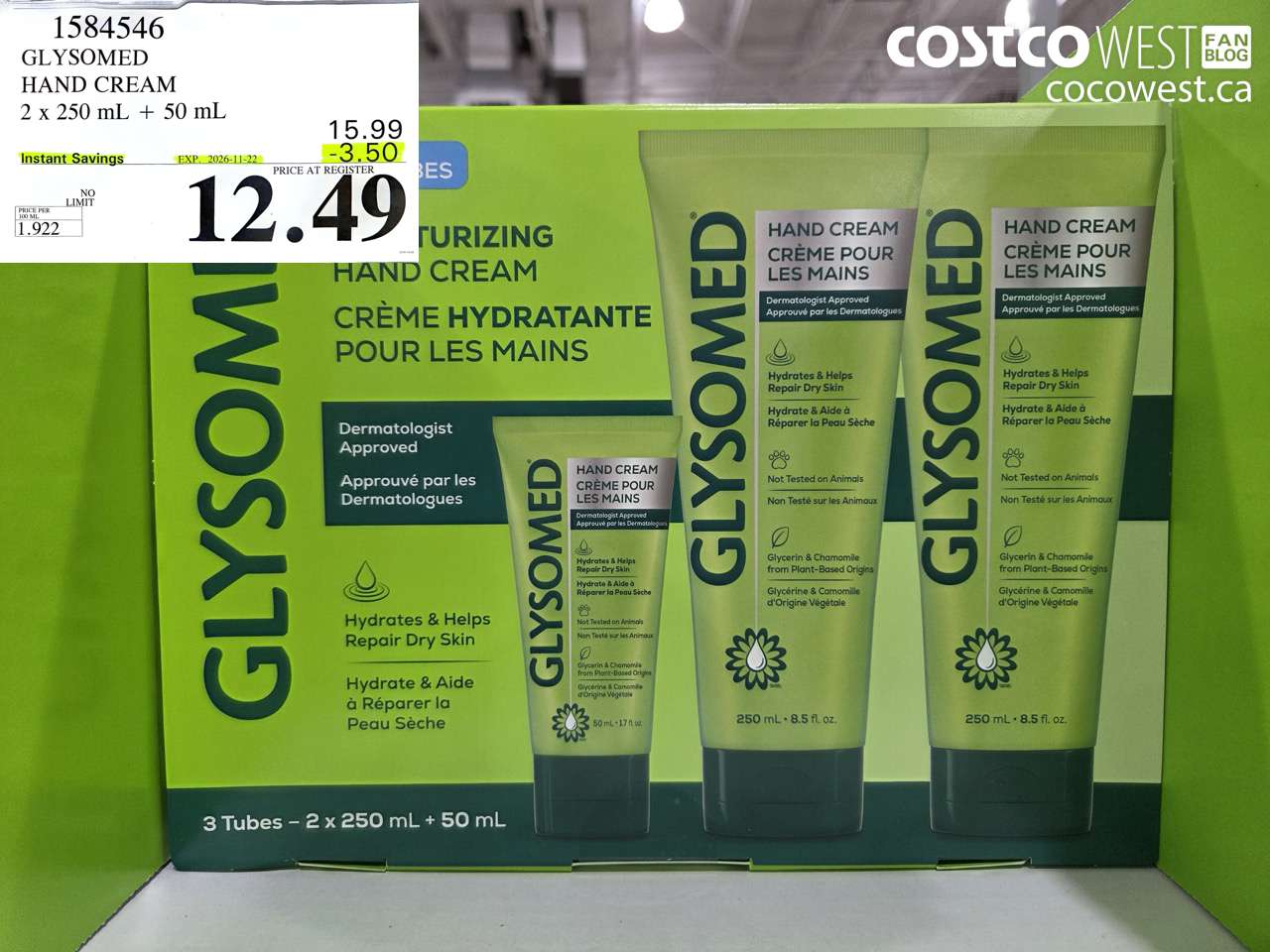 1584546 GLYSOMED HAND CREAM 2 X 250 ML + 50 ML ($3.50 INSTANT SAVINGS EXPIRES ON 2026-11-22) $12.49
