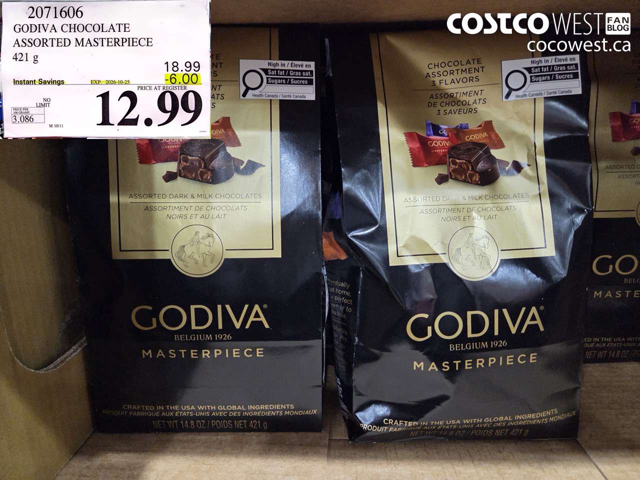 2071606 GODIVA CHOCOLATE ASSORTED MASTERPIECE 421 G ($6.00 INSTANT SAVINGS EXPIRES ON 2026-10-25) $12.99
