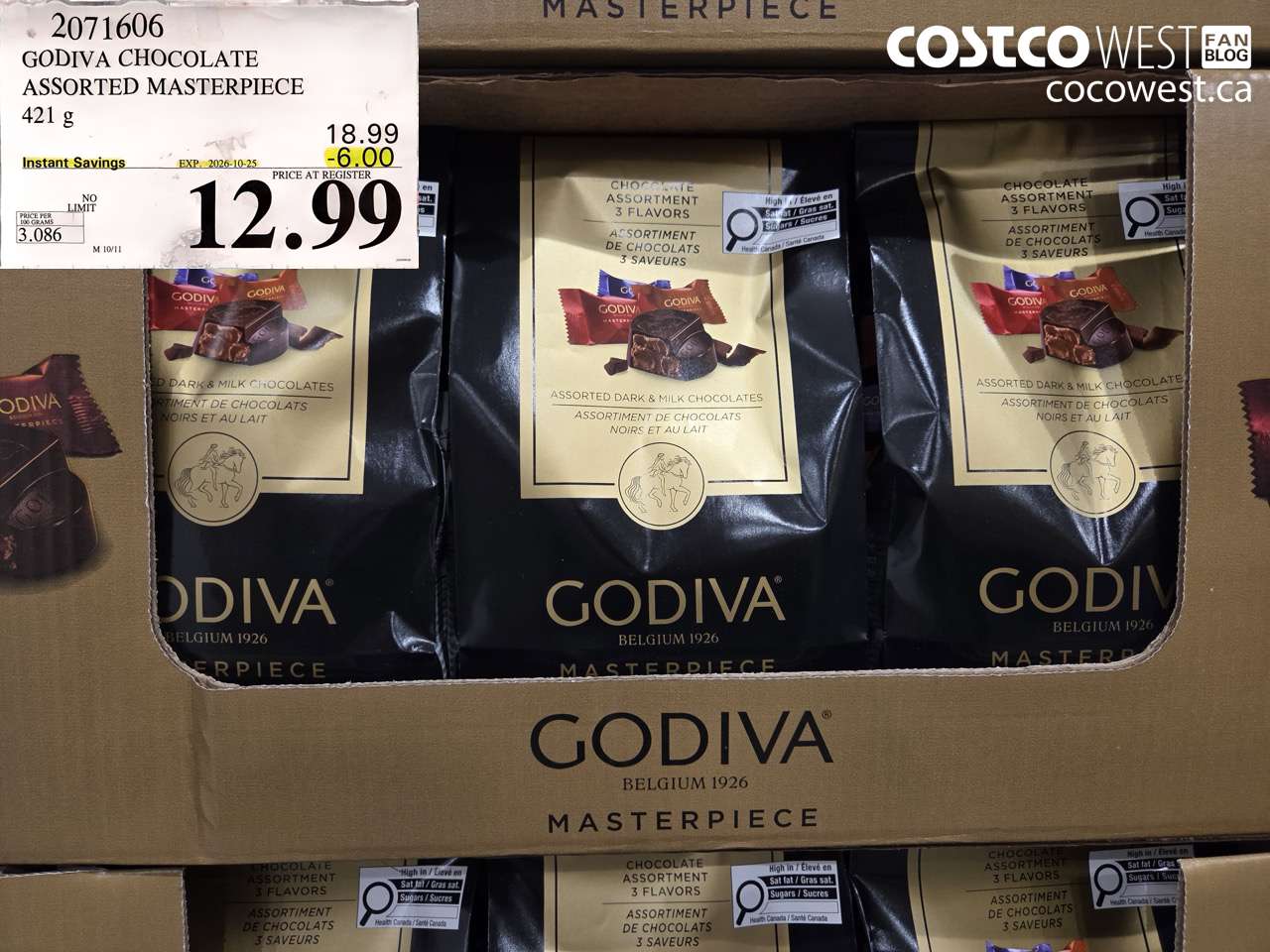 2071606 GODIVA CHOCOLATE ASSORTED MASTERPIECE 421 G ($6.00 INSTANT SAVINGS EXPIRES ON 2026-10-25) $12.99