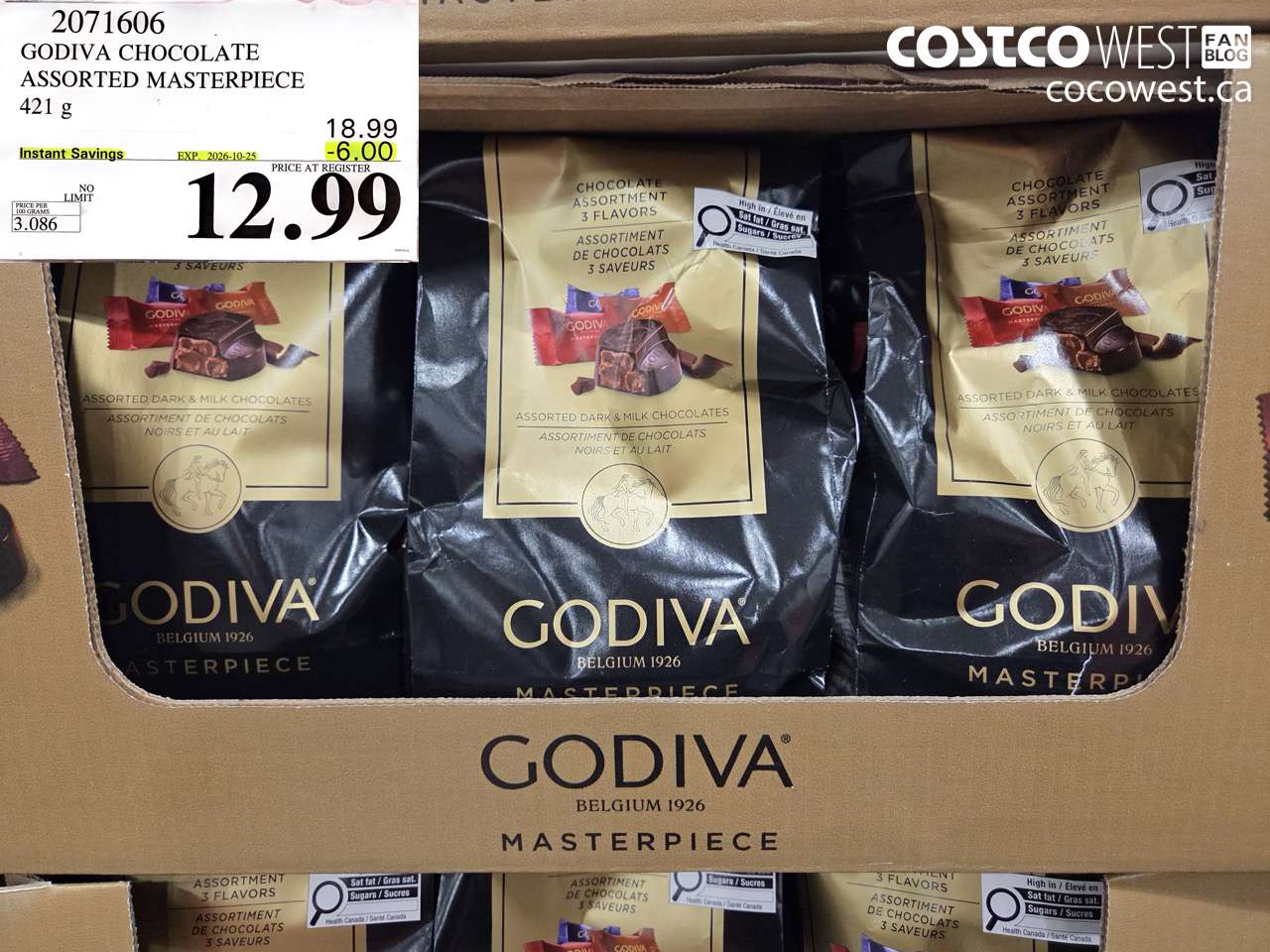 2071606 GODIVA CHOCOLATE ASSORTED MASTERPIECE 421 G ($6.00 INSTANT SAVINGS EXPIRES ON 2026-10-25) $12.99