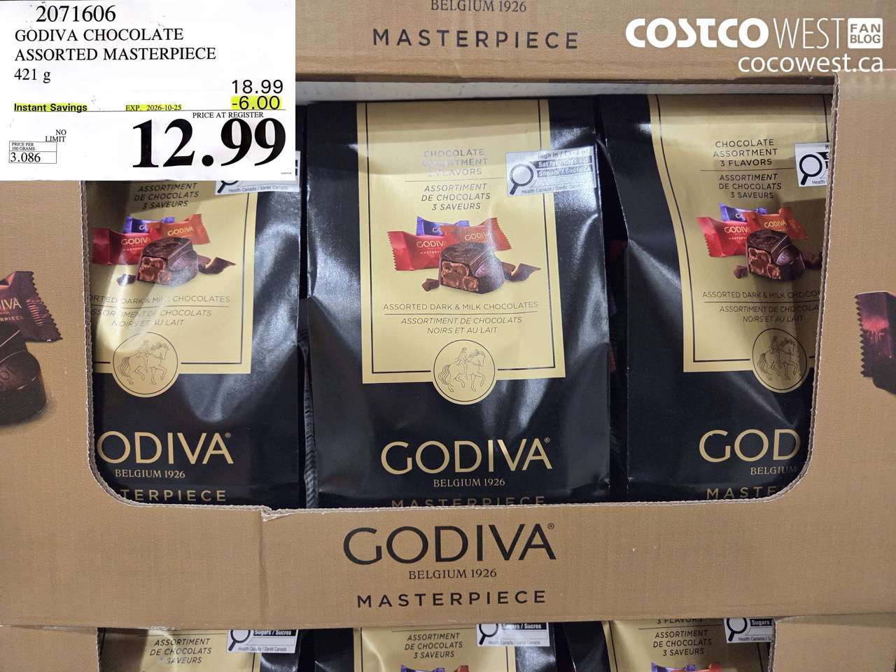 2071606 GODIVA CHOCOLATE ASSORTED MASTERPIECE 421 G ($6.00 INSTANT SAVINGS EXPIRES ON 2026-10-25) $12.99