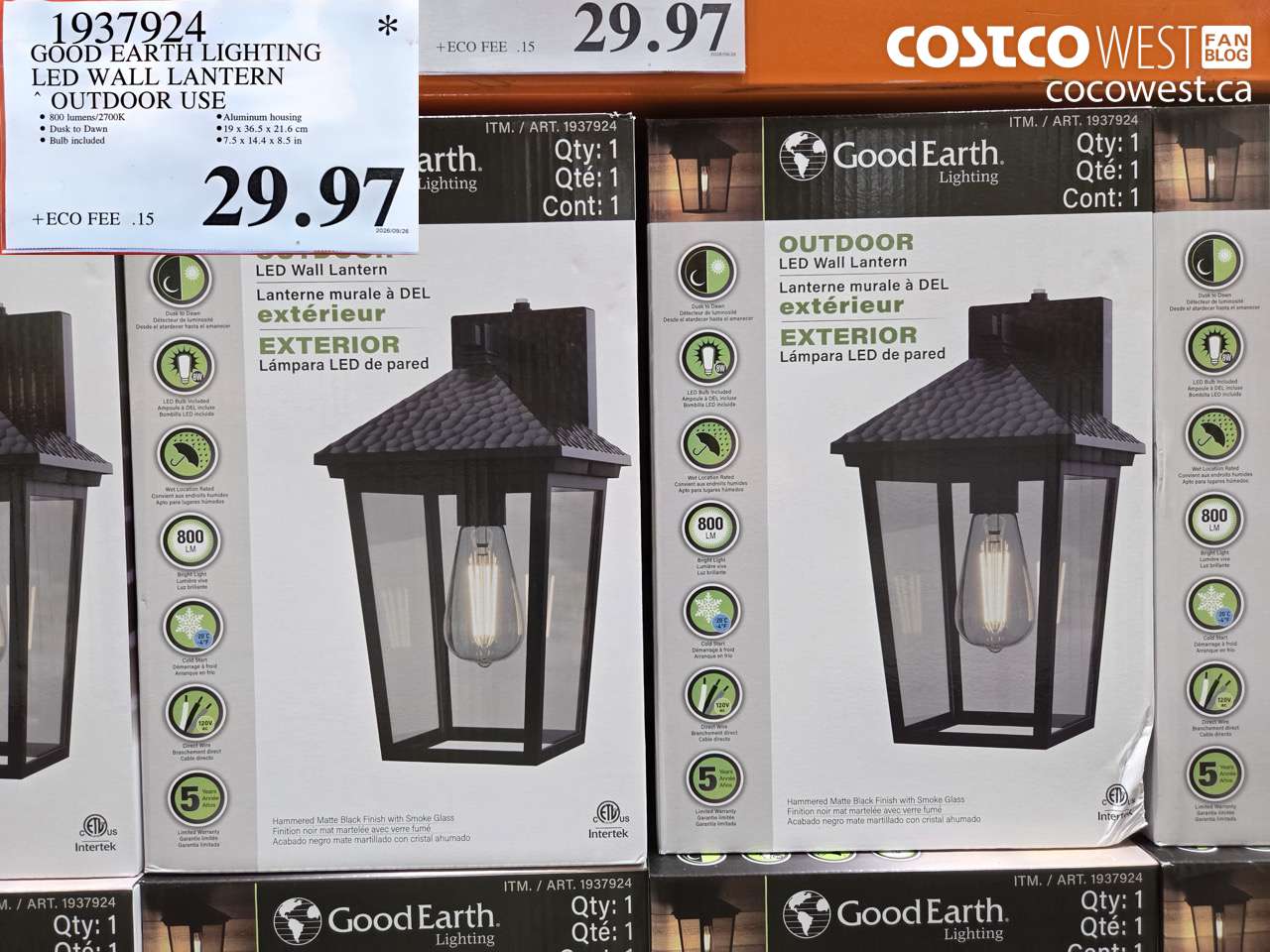 1937924 GOOD EARTH LIGHTING LED WALL LANTERN OUTDOOR USE $29.97
