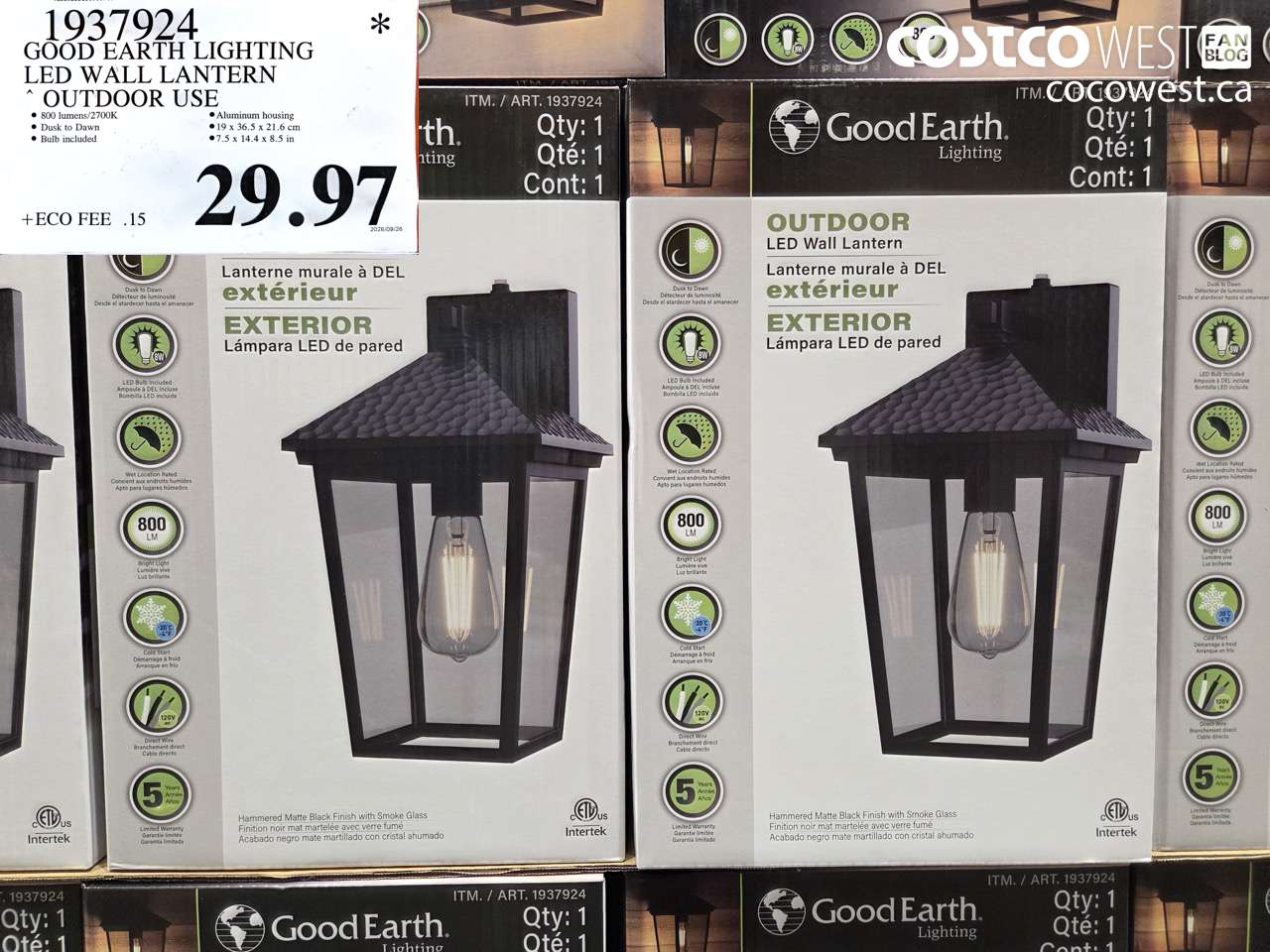 1937924 GOOD EARTH LIGHTING LED WALL LANTERN OUTDOOR USE $29.97
