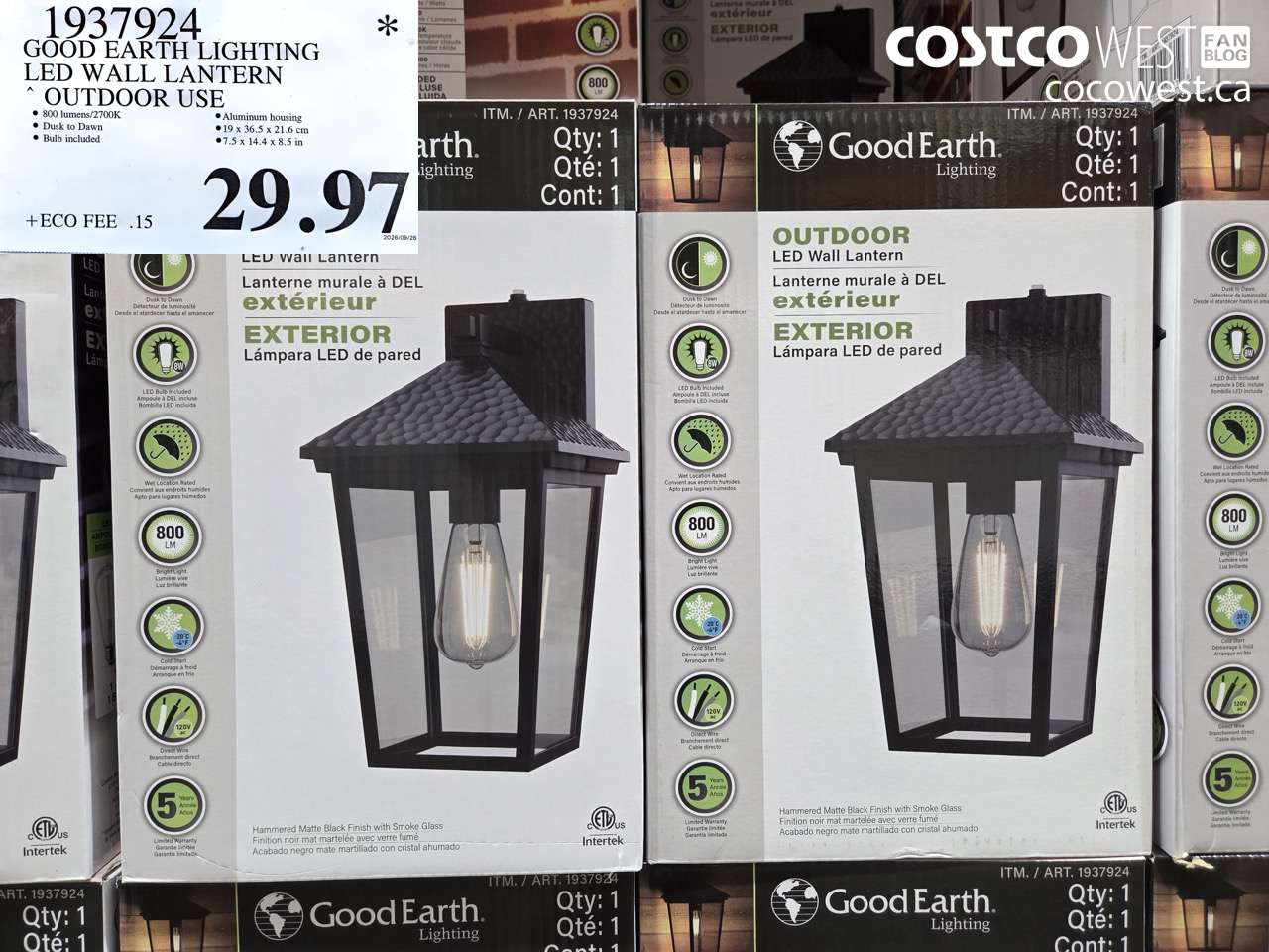 1937924 GOOD EARTH LIGHTING LED WALL LANTERN OUTDOOR USE $29.97