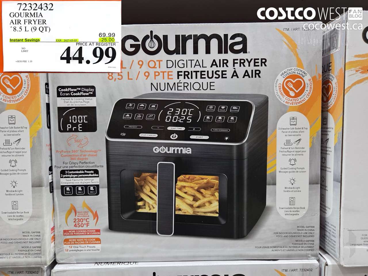 7232432 GOURMIA AIR FRYER 8.5 L (9 QT) ($25.00 INSTANT SAVINGS EXPIRES ON 2027-03-05) $44.99
