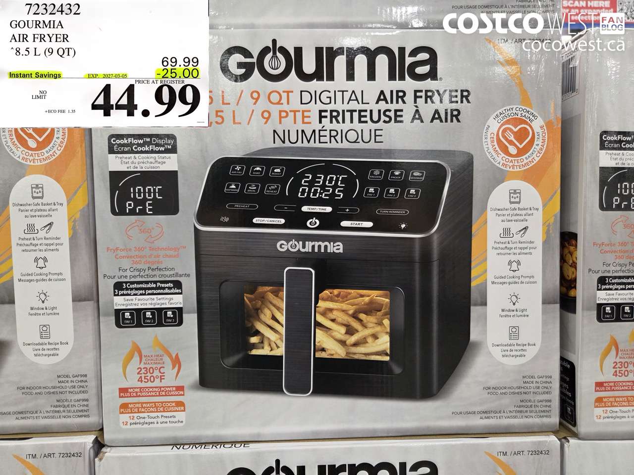 7232432 GOURMIA AIR FRYER 8.5 L (9 QT) ($25.00 INSTANT SAVINGS EXPIRES ON 2027-03-05) $44.99