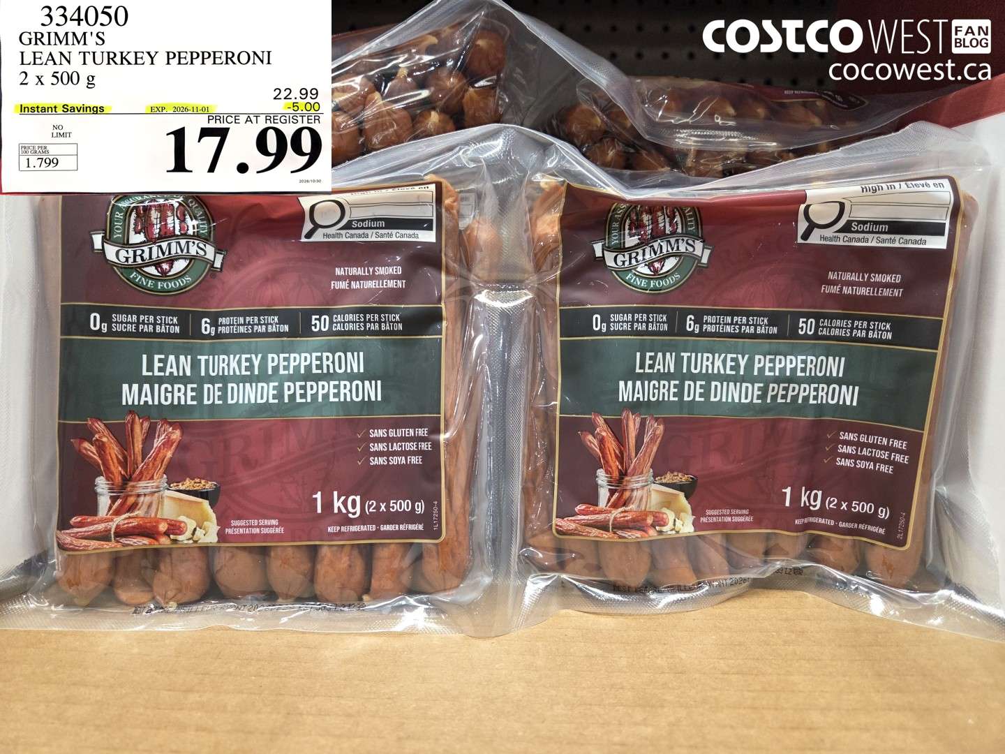 334050 GRIMM'S LEAN TURKEY PEPPERONI 2 X 500 G ($5.00 INSTANT SAVINGS EXPIRES ON 2026-11-01) $17.99