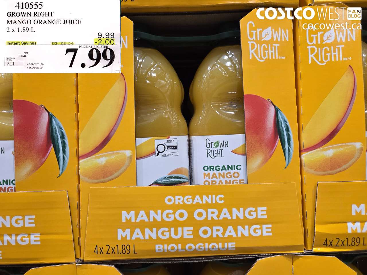 410555 GROWN RIGHT MANGO ORANGE JUICE 2 X 1.89 L ($2.00 INSTANT SAVINGS EXPIRES ON 2026-10-04) $7.99