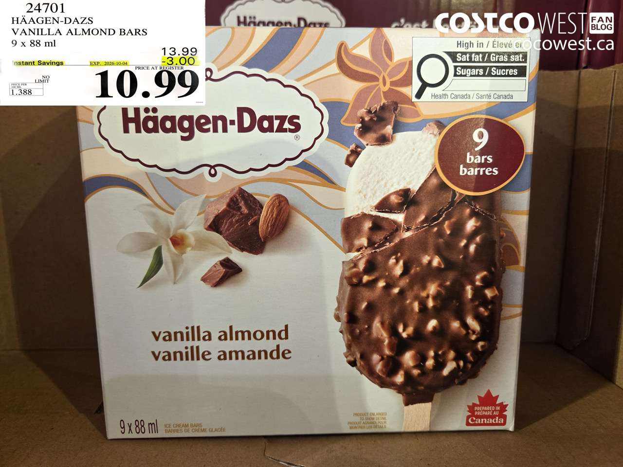 24701 HÄAGEN-DAZS VANILLA ALMOND BARS 9 X 88 ML ($3.00 INSTANT SAVINGS EXPIRES ON 2026-10-04) $10.99