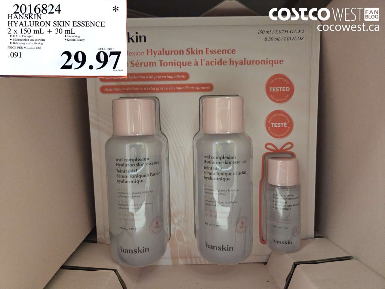2016824 HANSKIN HYALURON SKIN ESSENCE 2 X 150 ML + 30 ML $29.97