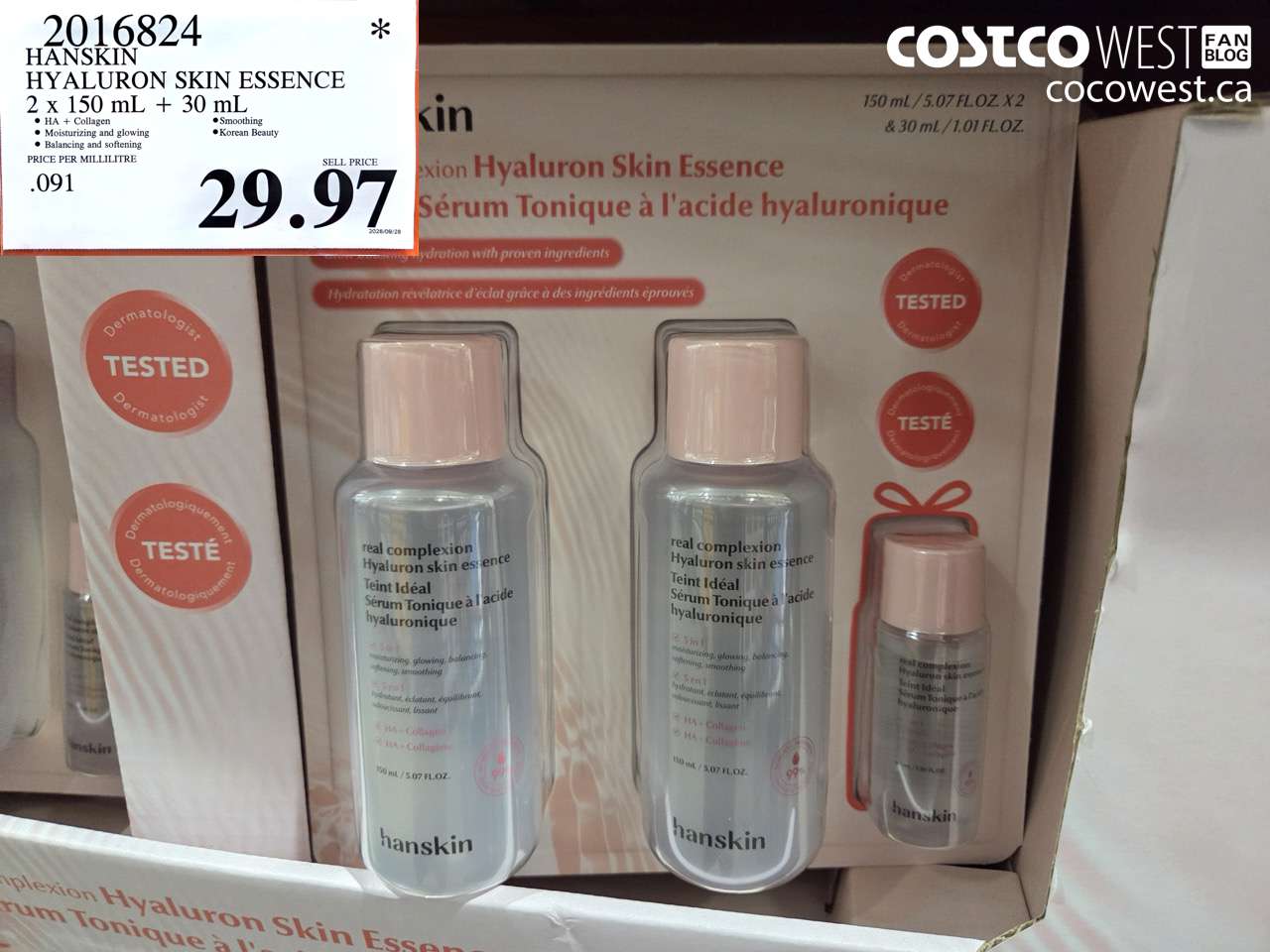 2016824 HANSKIN HYALURON SKIN ESSENCE 2 X 150 ML + 30 ML $29.97