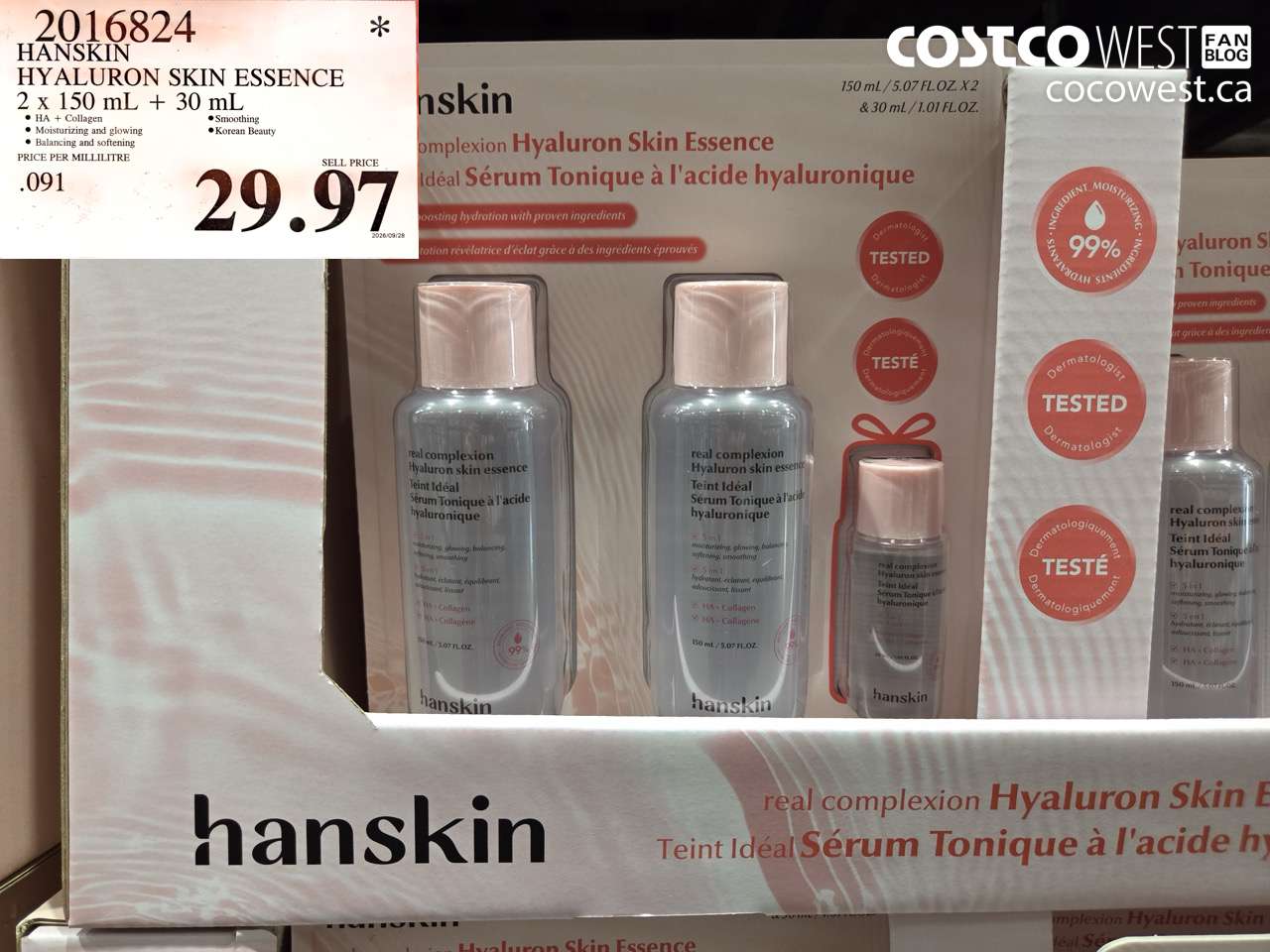 2016824 HANSKIN HYALURON SKIN ESSENCE 2 X 150 ML + 30 ML $29.97