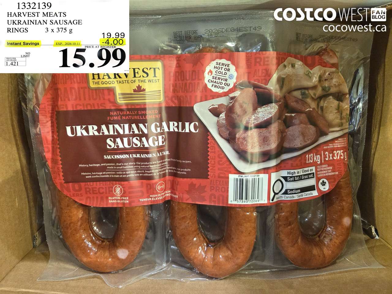 1332139 HARVEST MEATS UKRAINIAN SAUSAGE RINGS 3 X 375 G ($4.00 INSTANT SAVINGS EXPIRES ON 2026-10-11) $15.99