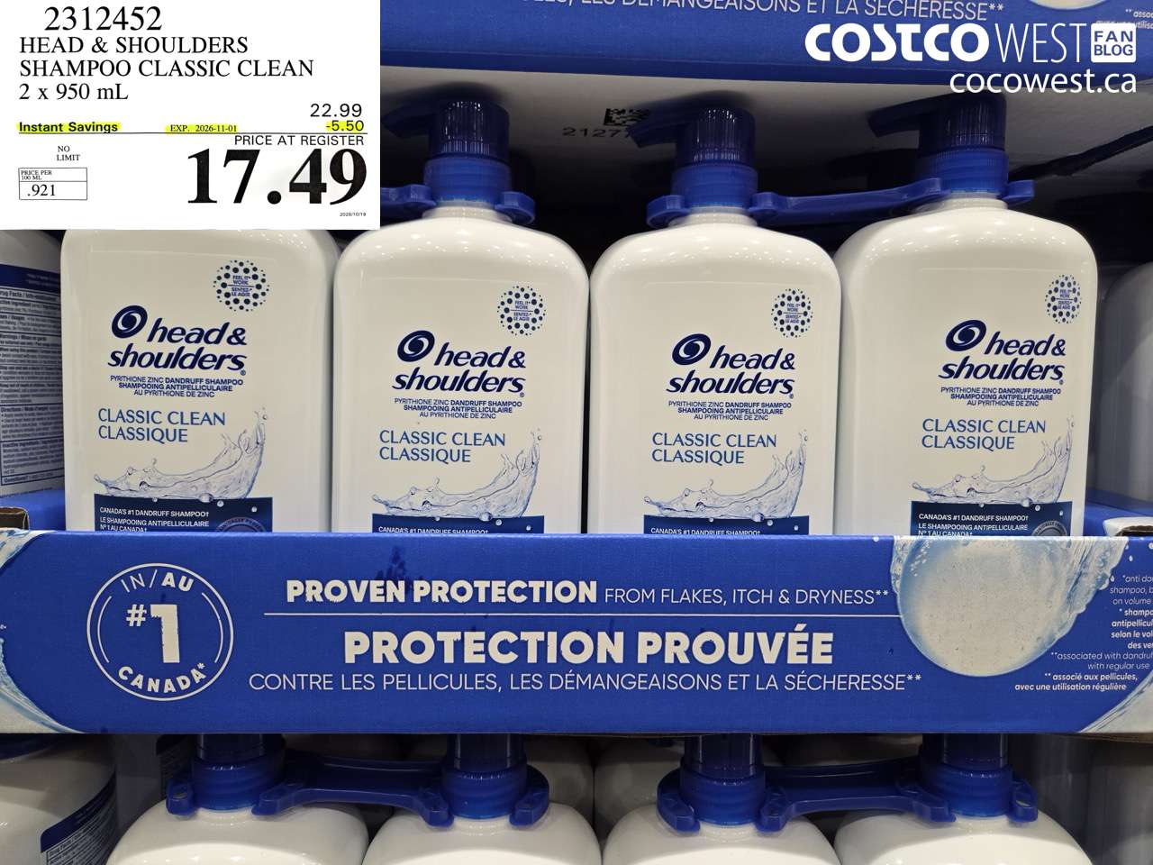 2312452 HEAD & SHOULDERS SHAMPOO CLASSIC CLEAN 2 X 950 ML ($5.50 INSTANT SAVINGS EXPIRES ON 2026-11-01) $17.49