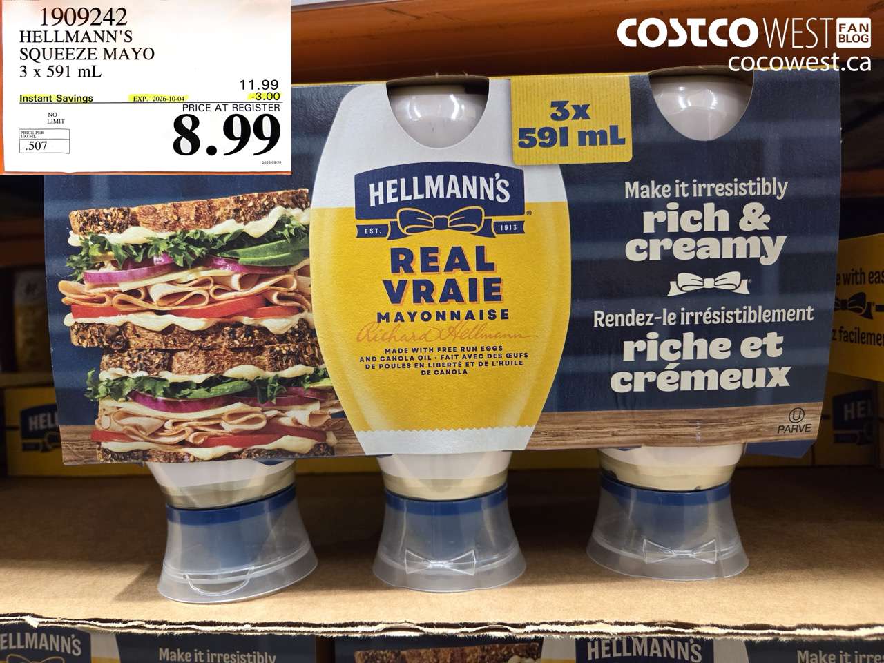 1909242 HELLMANN'S SQUEEZE MAYO 3 X 591 ML ($3.00 INSTANT SAVINGS EXPIRES ON 2026-10-04) $8.99