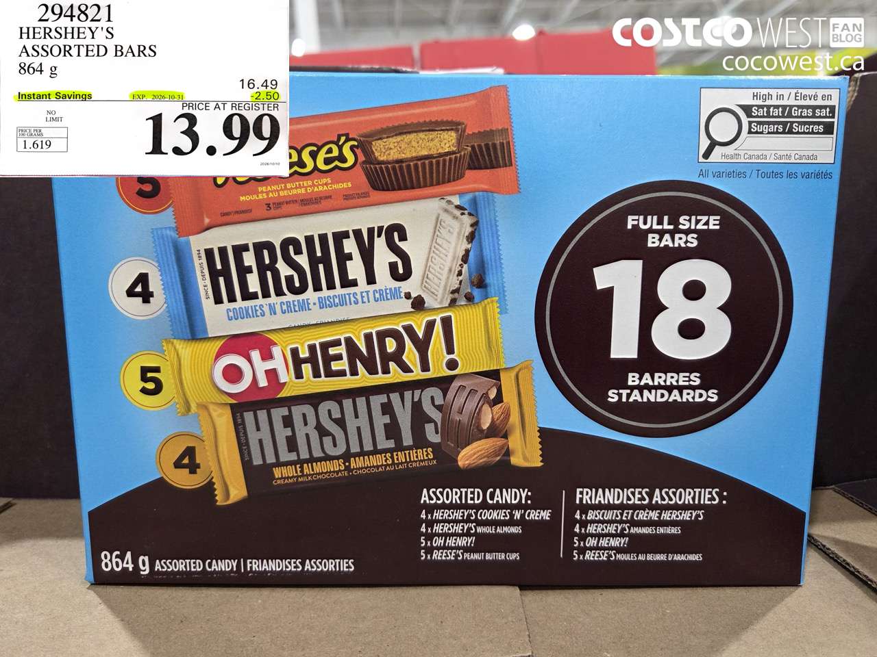 294821 HERSHEY'S ASSORTED BARS 864 G ($2.50 INSTANT SAVINGS EXPIRES ON 2026-10-31) $13.99