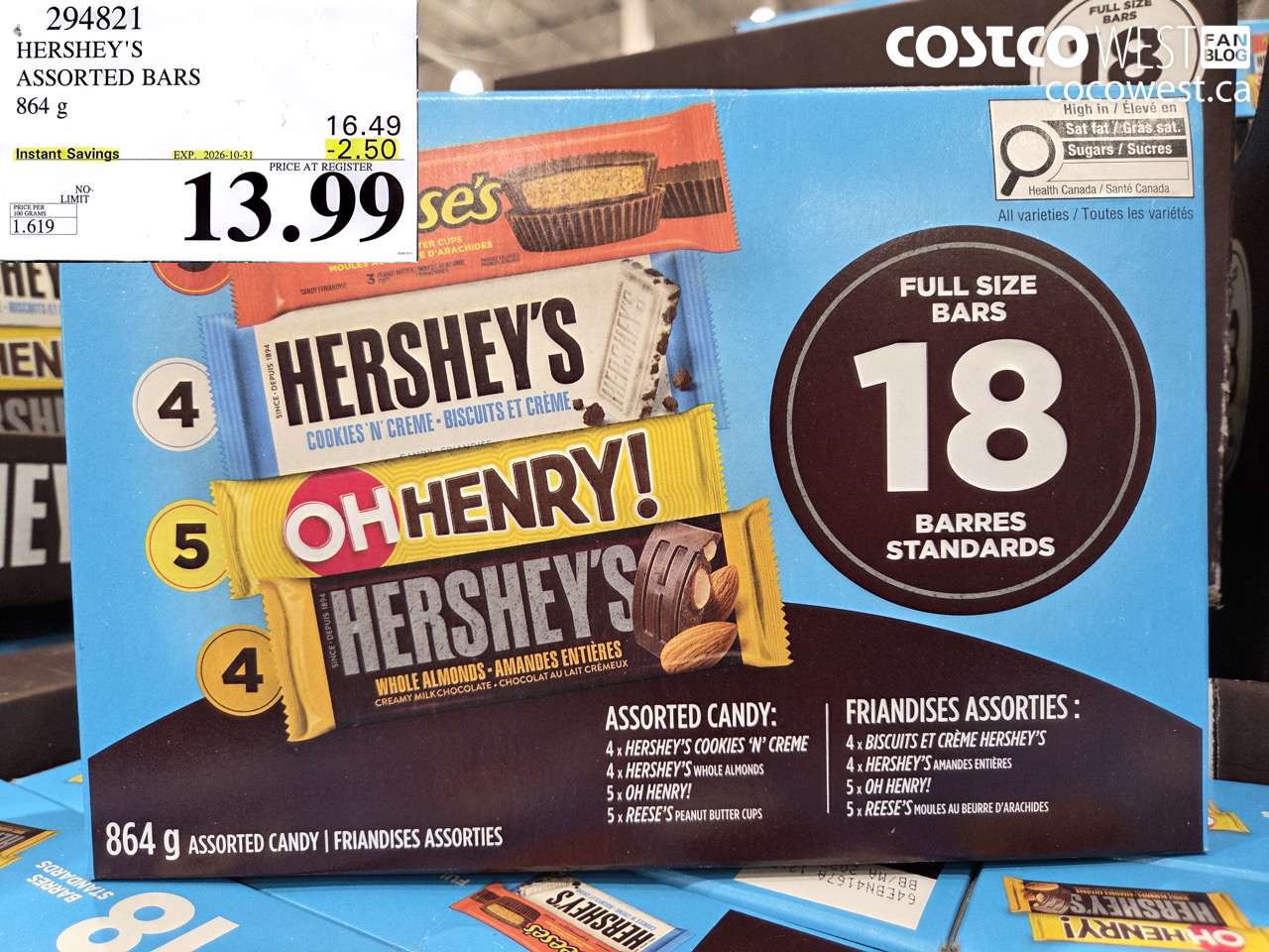 294821 HERSHEY'S ASSORTED BARS 864 G ($2.50 INSTANT SAVINGS EXPIRES ON 2026-10-31) $13.99