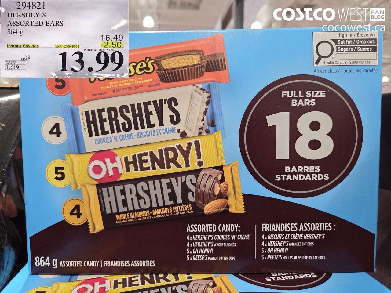 294821 HERSHEY'S ASSORTED BARS 864 G ($2.50 INSTANT SAVINGS EXPIRES ON 2026-10-31) $13.99