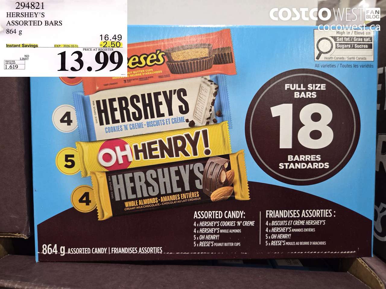 294821 HERSHEY'S ASSORTED BARS 864 G ($2.50 INSTANT SAVINGS EXPIRES ON 2026-10-31) $13.99