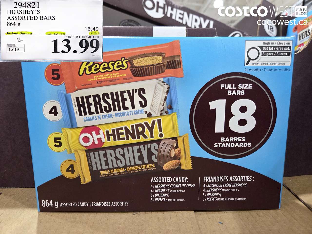 294821 HERSHEY'S ASSORTED BARS 864 G ($2.50 INSTANT SAVINGS EXPIRES ON 2026-10-31) $13.99