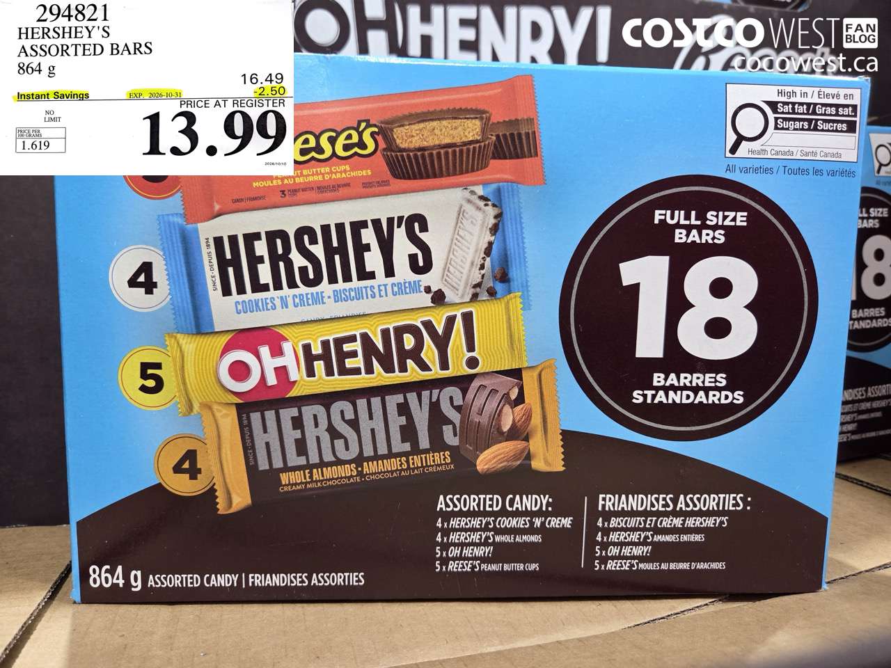 294821 HERSHEY'S ASSORTED BARS 864 G ($2.50 INSTANT SAVINGS EXPIRES ON 2026-10-31) $13.99
