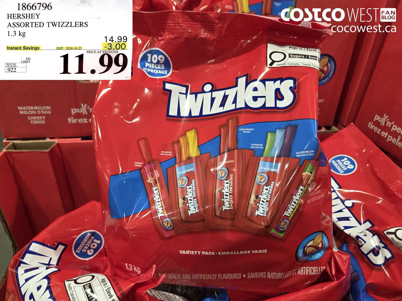 1866796 HERSHEY ASSORTED TWIZZLERS 1.3 KG ($3.00 INSTANT SAVINGS EXPIRES ON 2026-10-25) $11.99