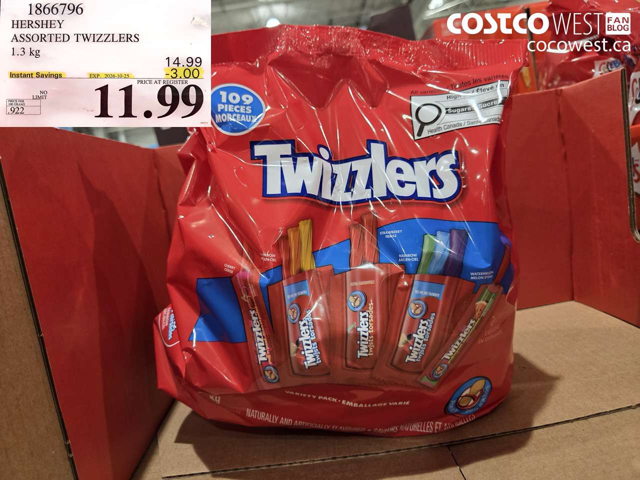 1866796 HERSHEY ASSORTED TWIZZLERS 1.3 KG ($3.00 INSTANT SAVINGS EXPIRES ON 2026-10-25) $11.99