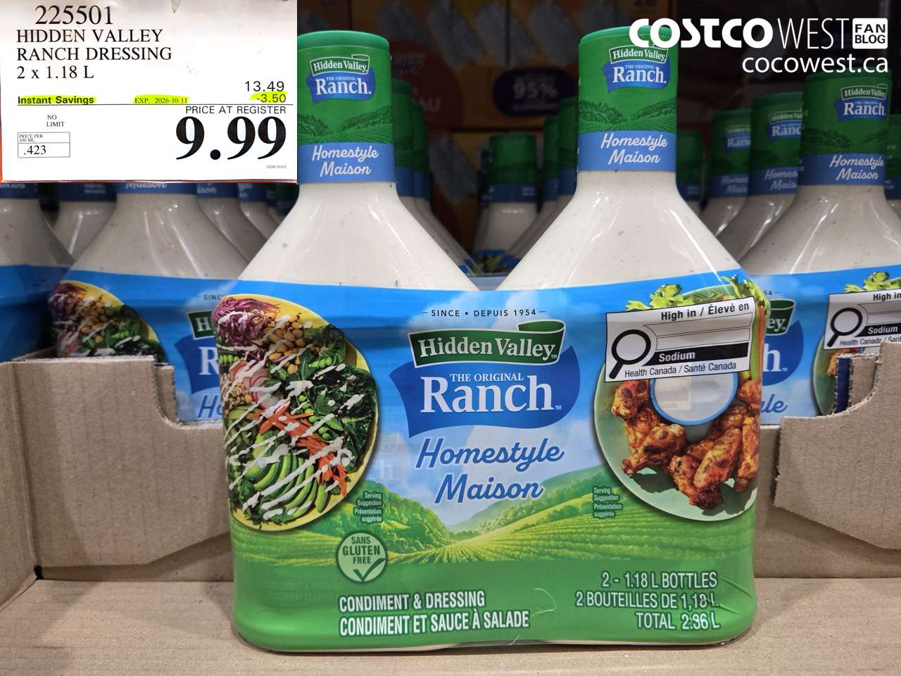 225501 HIDDEN VALLEY RANCH DRESSING 2 X 1.18 L ($3.50 INSTANT SAVINGS EXPIRES ON 2026-10-11) $9.99