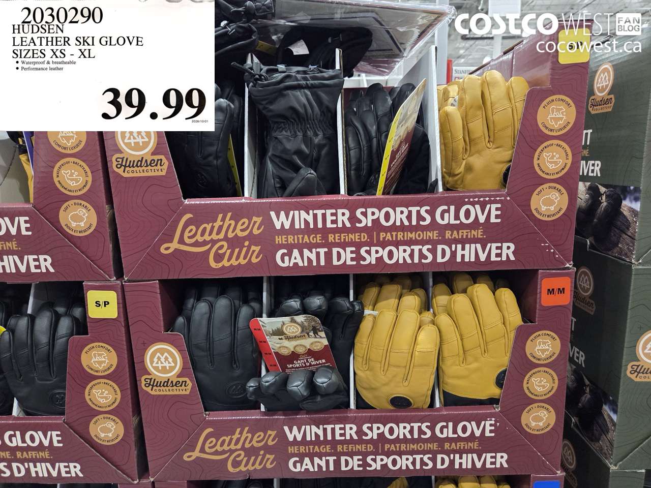 2030290 HUDSEN LEATHER SKI GLOVE SIZES XS - XL $39.99