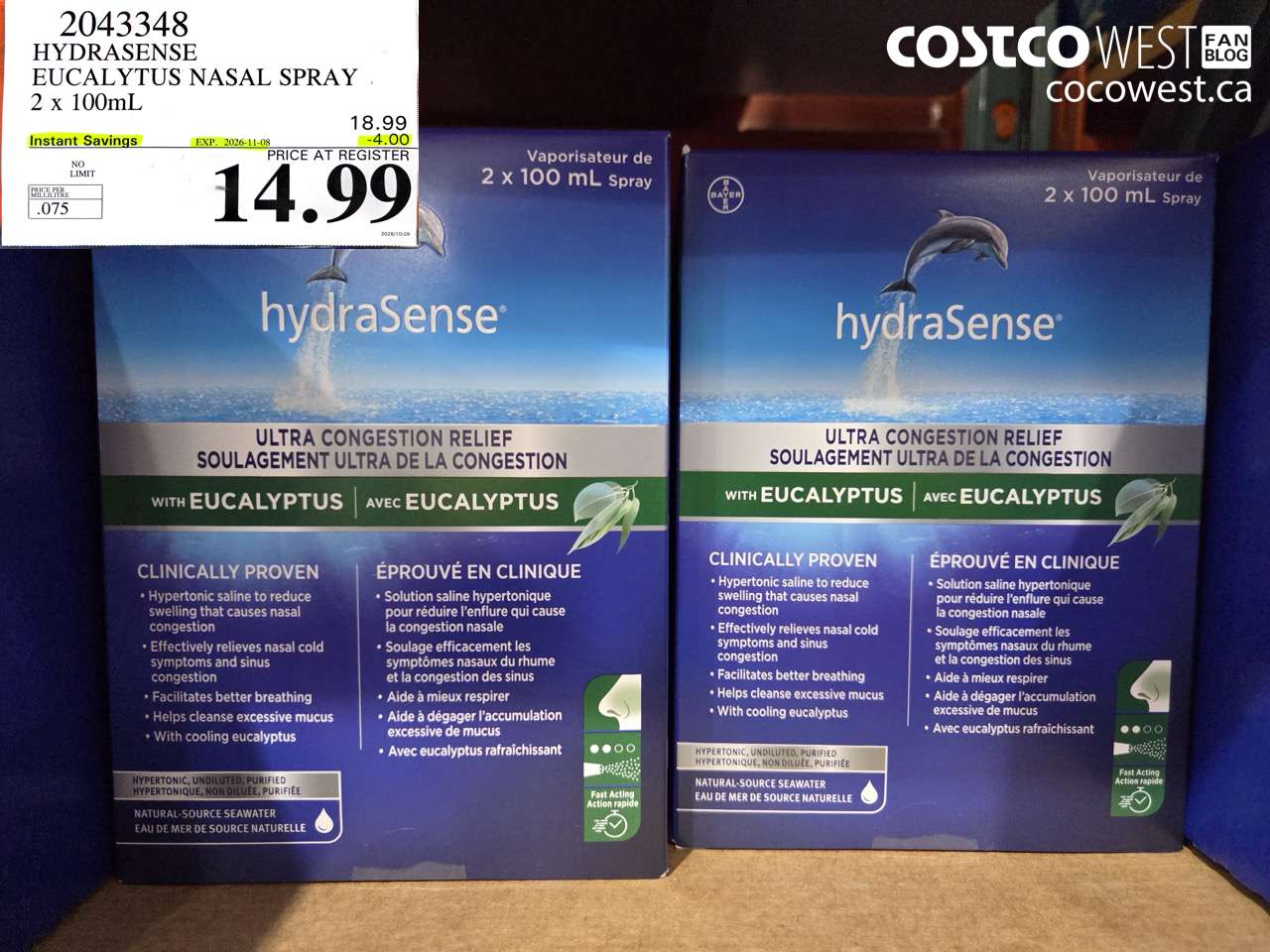 2043348 HYDRASENSE EUCALYPTUS NASAL SPRAY 2 X 100ML ($4.00 INSTANT SAVINGS EXPIRES ON 2026-11-08) $14.99