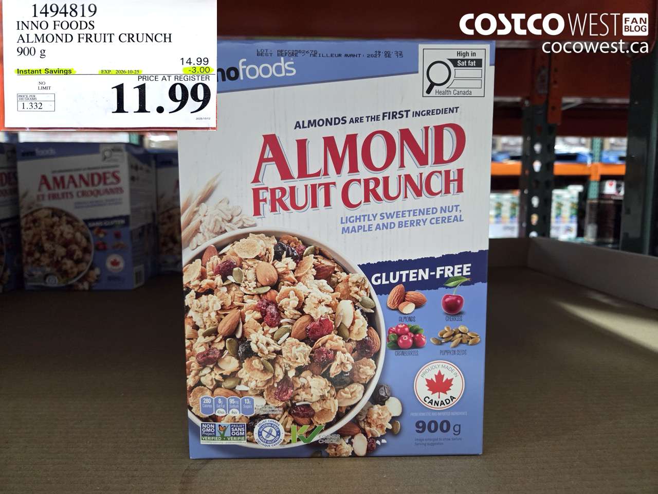 1494819 INNO FOODS ALMOND FRUIT CRUNCH 900 G ($3.00 INSTANT SAVINGS EXPIRES ON 2026-10-25) $11.99