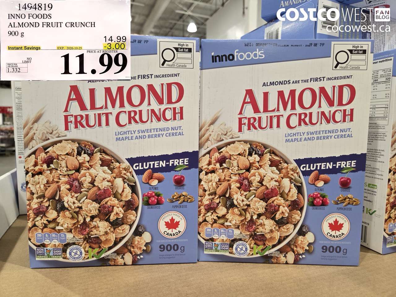 1494819 INNO FOODS ALMOND FRUIT CRUNCH 900 G ($3.00 INSTANT SAVINGS EXPIRES ON 2026-10-25) $11.99