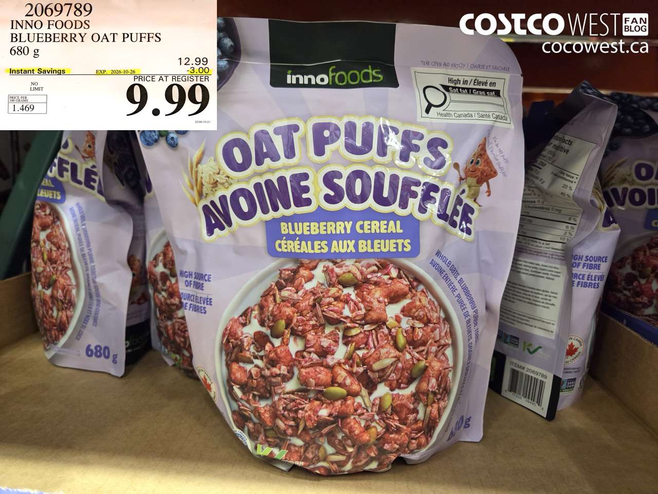 2069789 INNO FOODS BLUEBERRY OAT PUFFS 680 G ($3.00 INSTANT SAVINGS EXPIRES ON 2026-10-26) $9.99