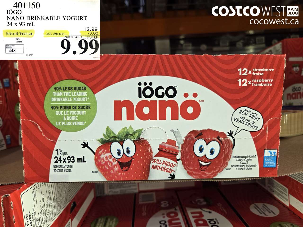 401150 IÖGO NANO DRINKABLE YOGURT 24 X 93 ML ($3.00 INSTANT SAVINGS EXPIRES ON 2026-10-04) $9.99