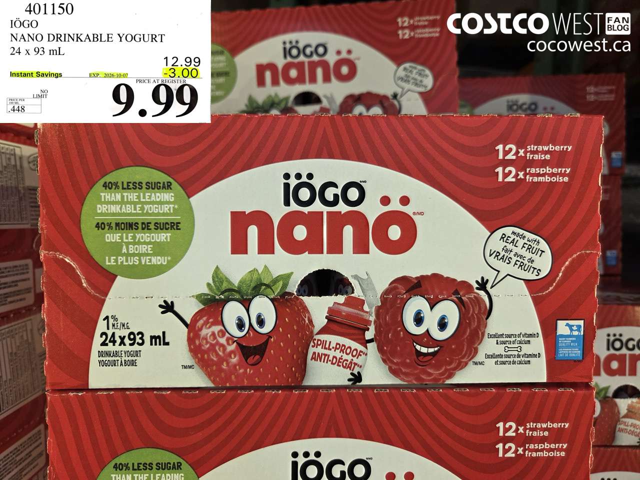 401150 IÖGO NANO DRINKABLE YOGURT 24 X 93 ML ($3.00 INSTANT SAVINGS EXPIRES ON 2026-10-07) $9.99