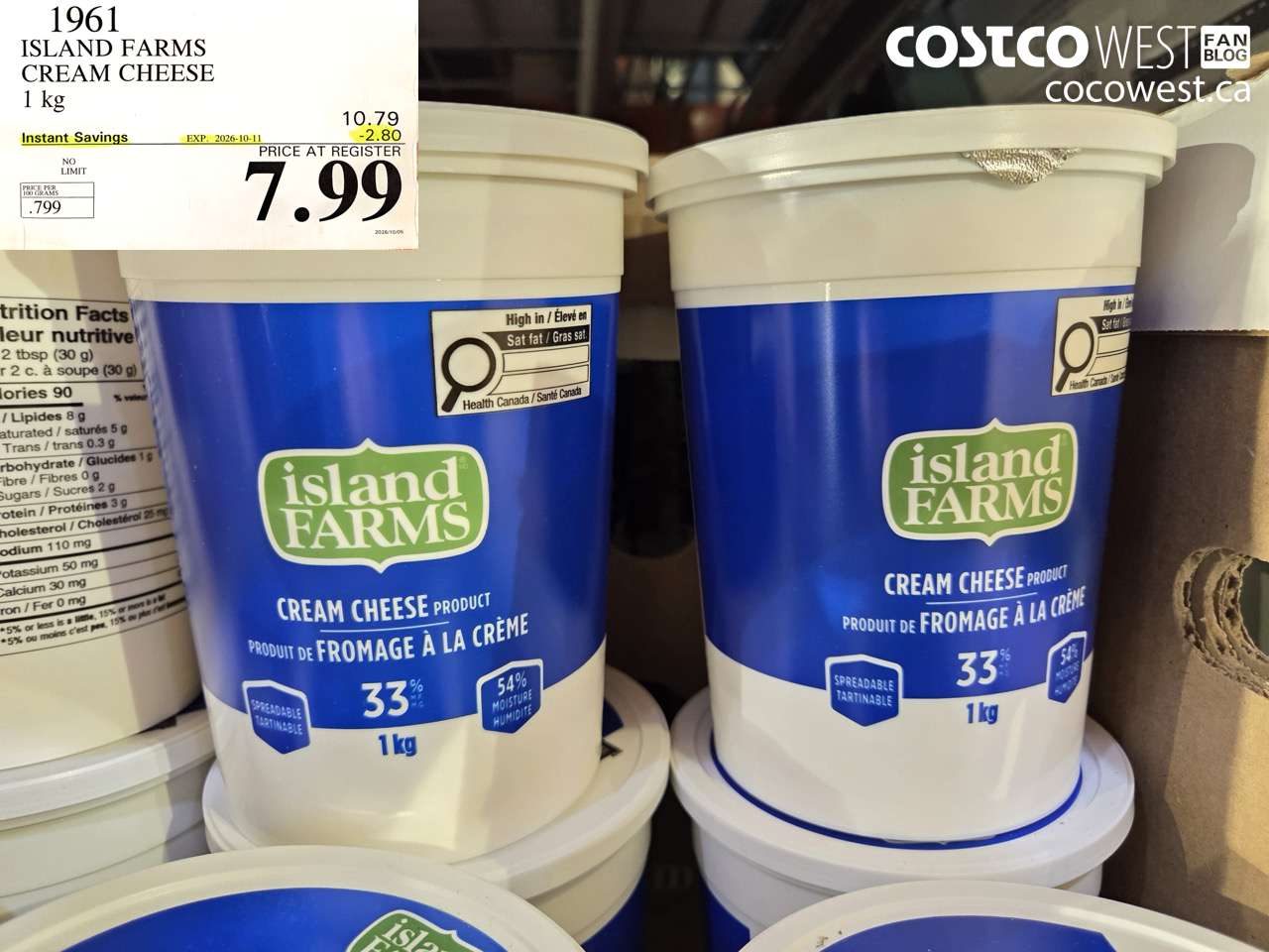1961 ISLAND FARMS CREAM CHEESE 1 KG ($2.80 INSTANT SAVINGS EXPIRES ON 2026-10-11) $7.99