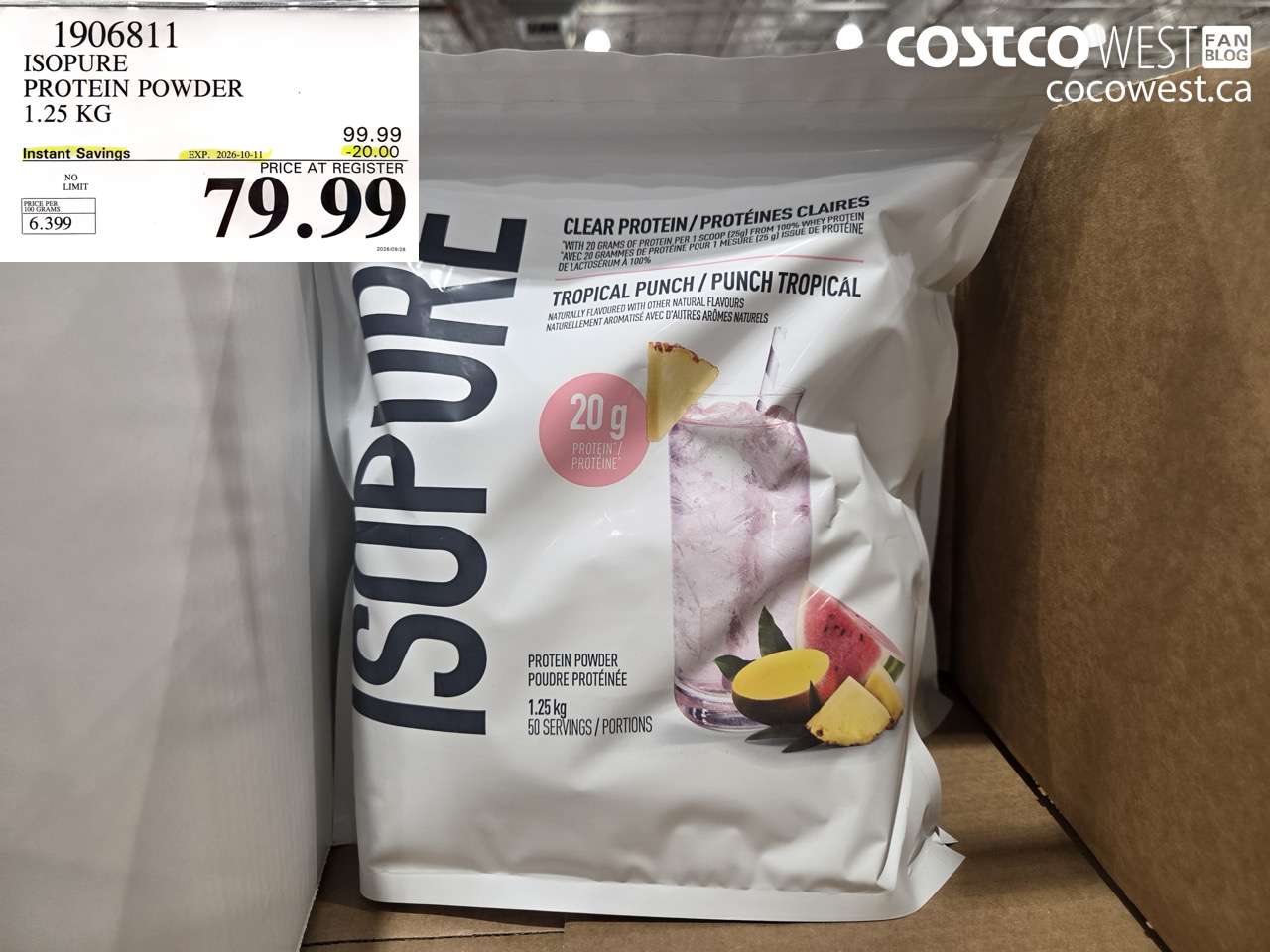 1906811 ISOPURE PROTEIN POWDER 1.25 KG ($20.00 INSTANT SAVINGS EXPIRES ON 2026-10-11) $79.99