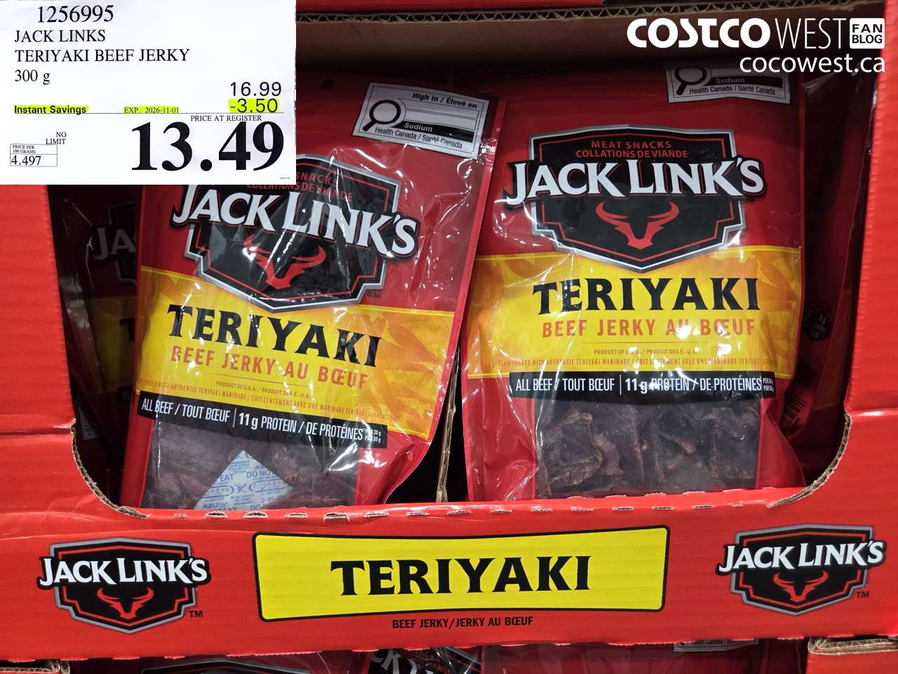 1256995 JACK LINKS TERIYAKI BEEF JERKY 300 G ($3.50 INSTANT SAVINGS EXPIRES ON 2026-11-01) $13.49